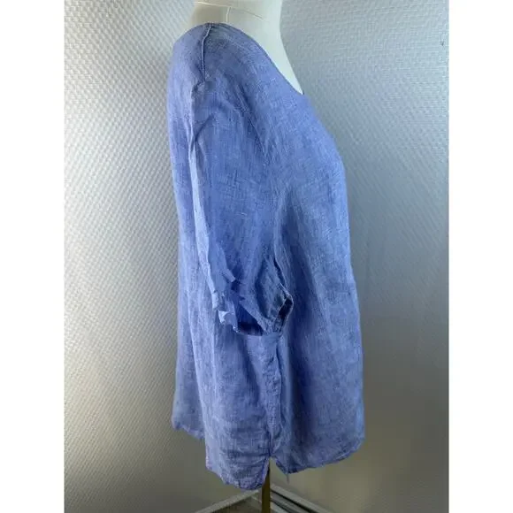 TAHARI Women's Blue Scoop Short Sleeve 100% Linen Tunic Top Shirt 1x - Picture 3 of 8